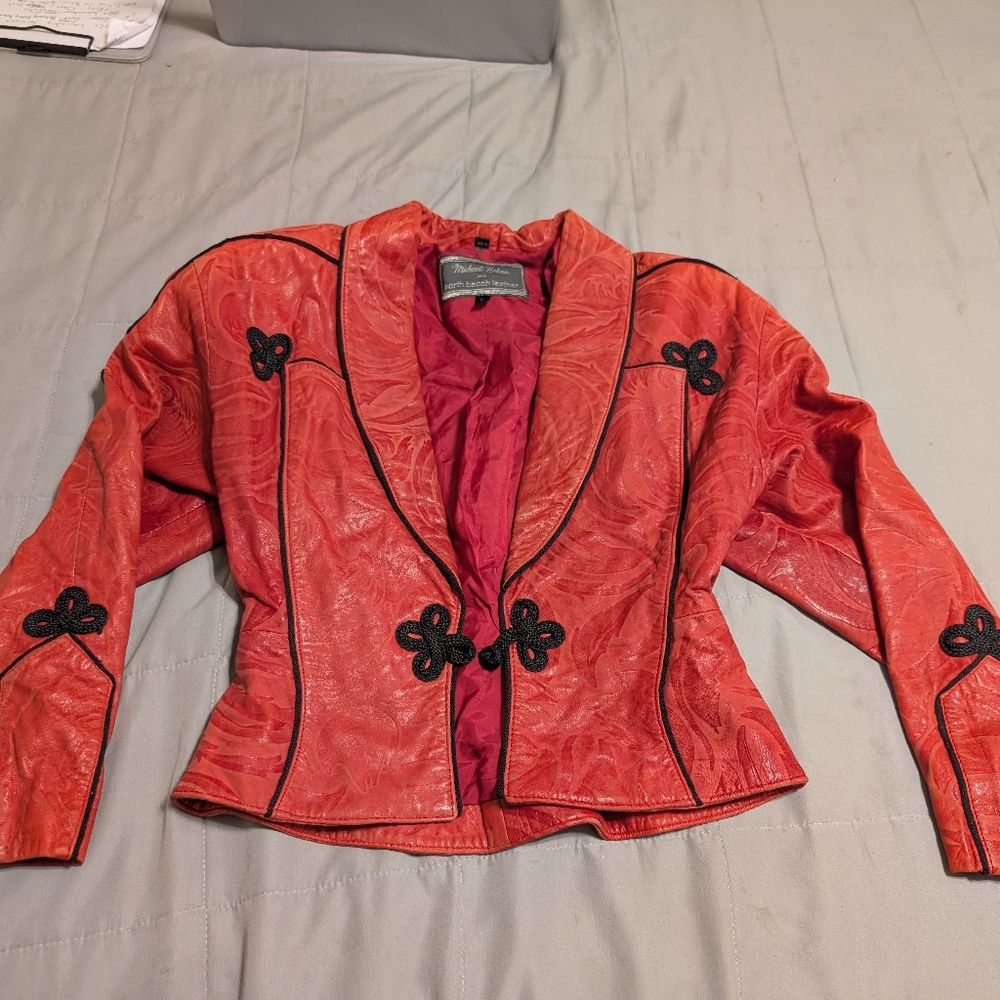 Michael Hoban North Beach Leather Moto Jacket Padded Shoulders Black Red 3/4